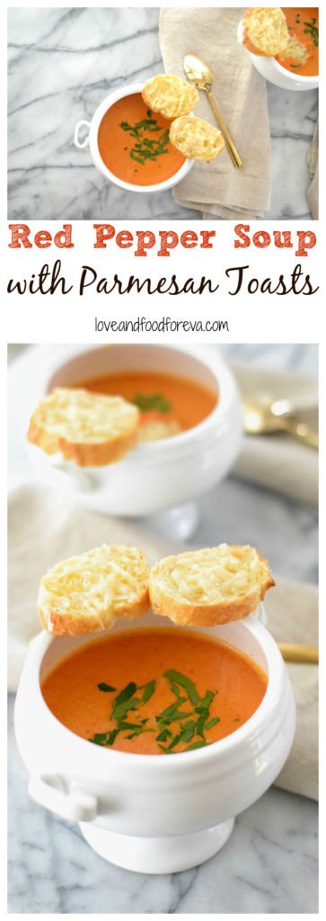 A crisp and refreshing Red Pepper Soup served with easy Parmesan Toasts!