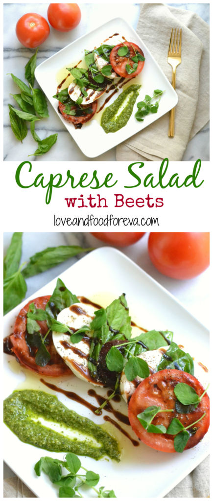 The classic Caprese Salad gets a modern update with nutrient-rich beets, pesto, and pea shoots!