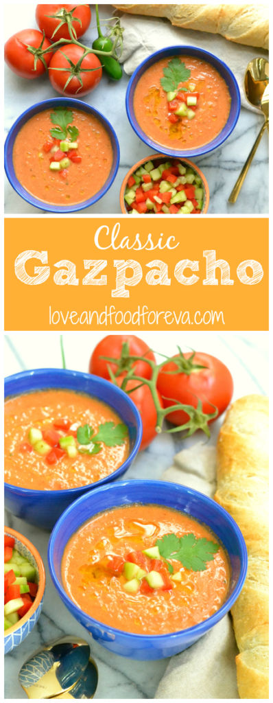 Classic Gazpacho - a refreshing raw vegetable soup, served cold, and perfect for those hot summer days!