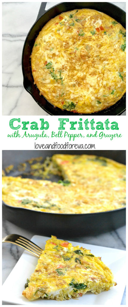 Crab Frittata - make this easy and delicious dish with decadent lump crab, arugula, red bell pepper, shallots, and Gruyere cheese!
