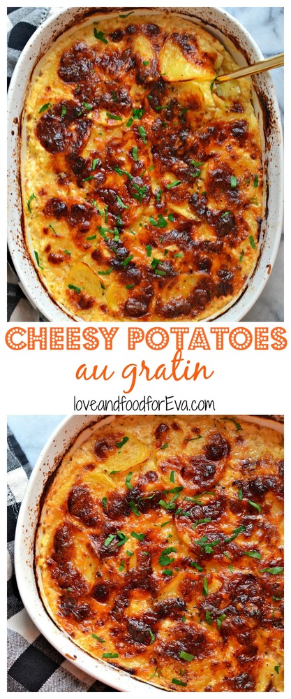 Add this decadently creamy and Cheesy Potatoes Au Gratin to your holiday menu! Delicious and so easy! Make ahead of time and bake an hour before serving!