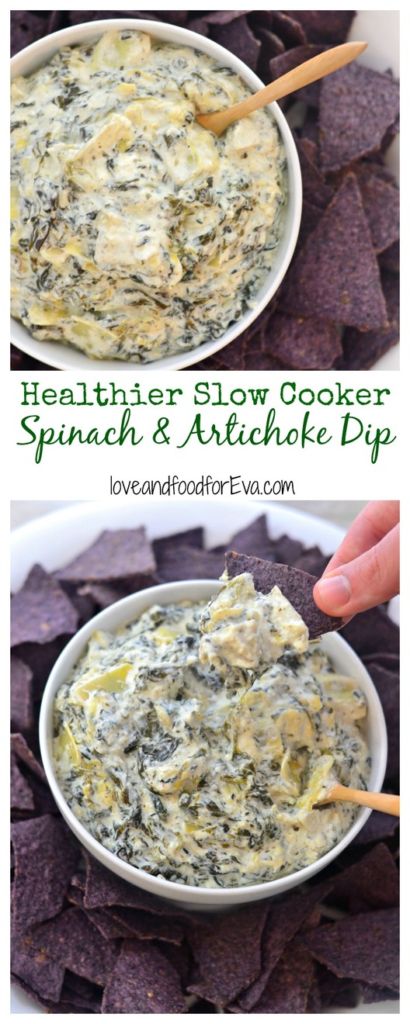 A healthier version of Spinach & Artichoke dip made with Greek Yogurt and coconut milk! So easy - just throw it all in a slow cooker and it's ready in a couple hours for your holiday party!